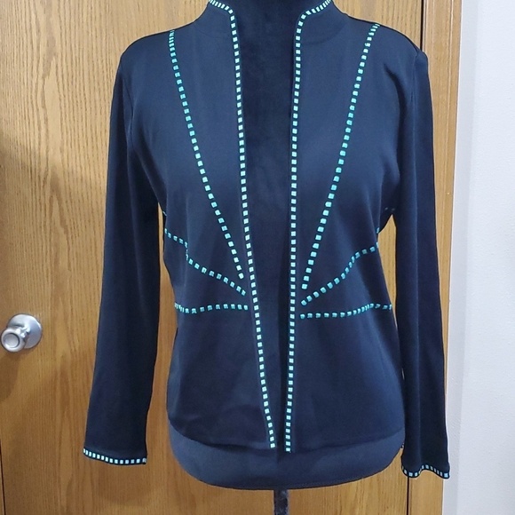 Ming Wang Jackets & Blazers - Ming wang open front blazer knit black and turquoise geometric